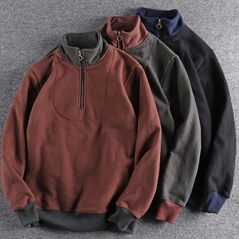 Autumn Half Zipper Sweatshirts Men Stand Collar Patchwork Casual Fleece High Quality New Outwear Loose Men Winter Coat