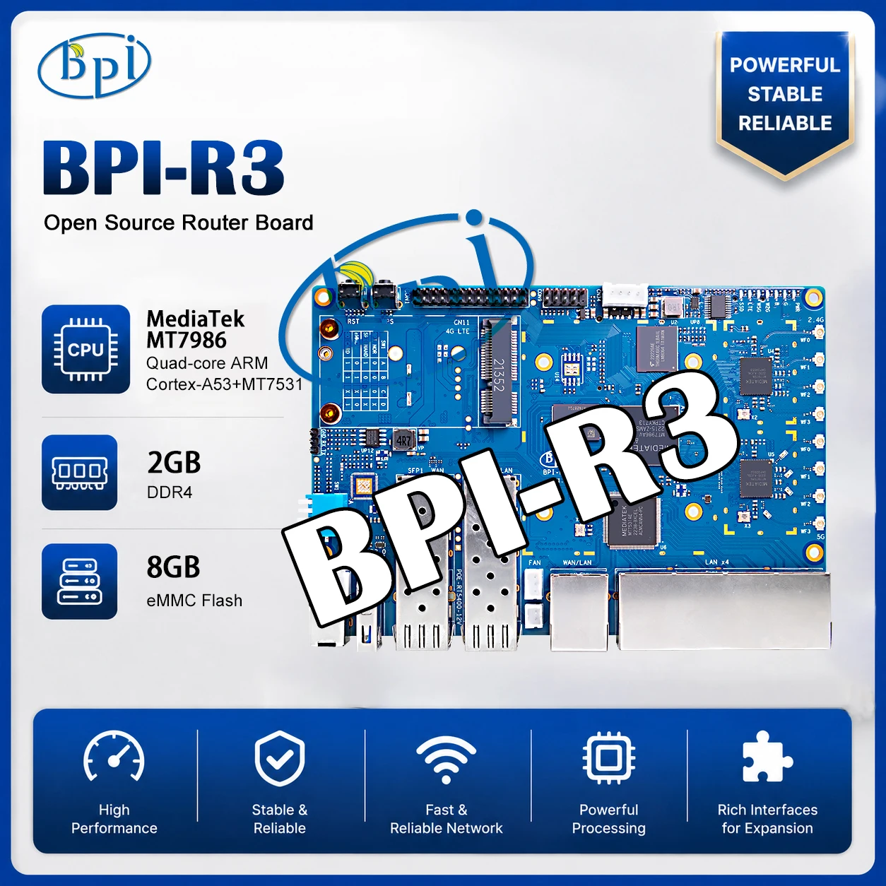 Banana Pi BPI-R3 WiFi 6 OpenWrt Router Board MT7986 2GB DDR4 8G eMMC 2.5G SFP 5-Port Gigabit M.2 High-performance home gateway