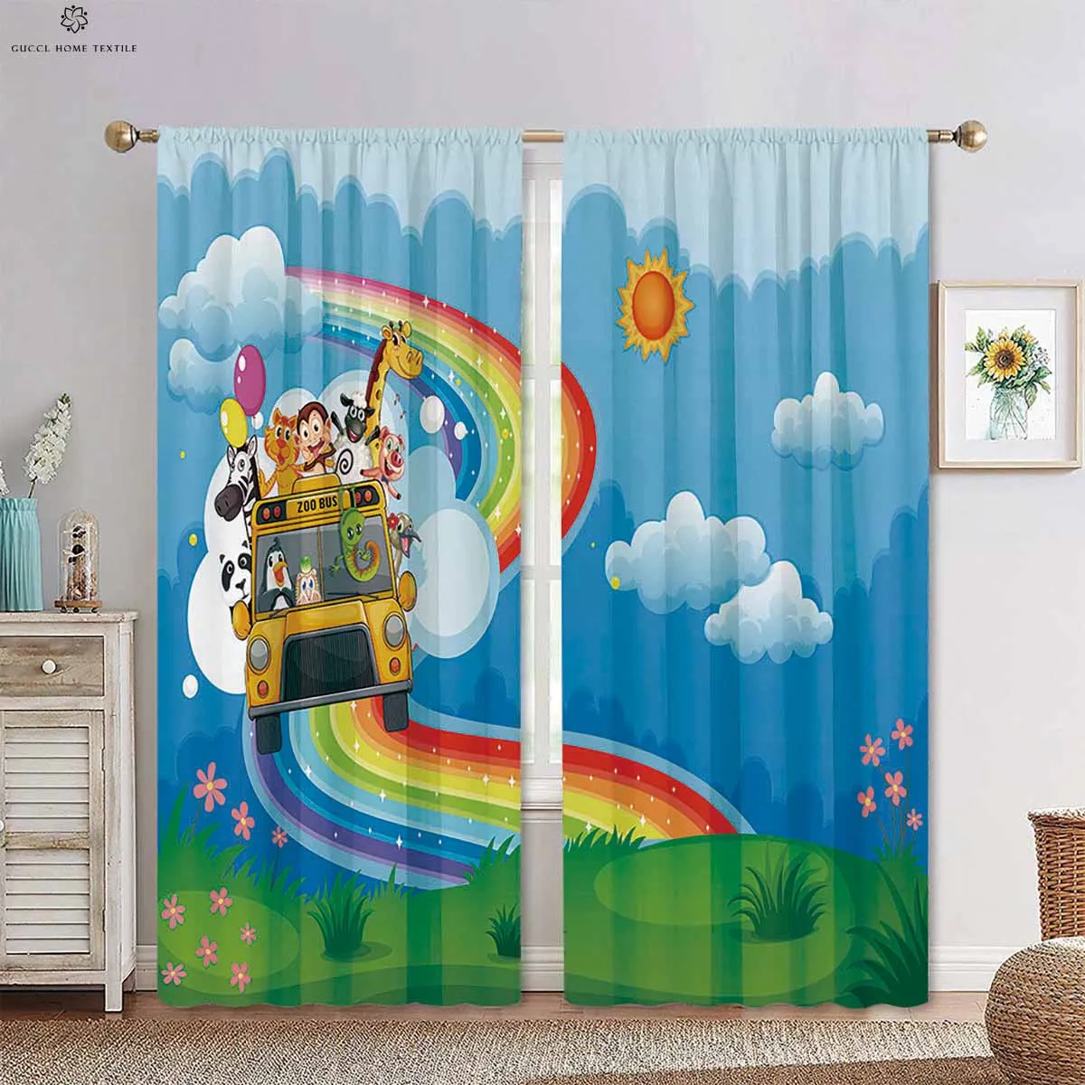 Cartoon Rainbow Forest Animal Print Curtains, Children's Room Decorative Curtains, Easy to Wash and Care, Bedroom, Living Room