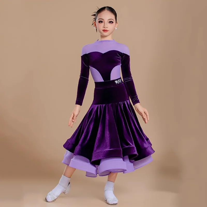 Kids Girls Velvet Mesh Waltz Ballroom Professional Costumes Long Sleeve Jumpsuit and Large Skirts Modern Dancing Clothes