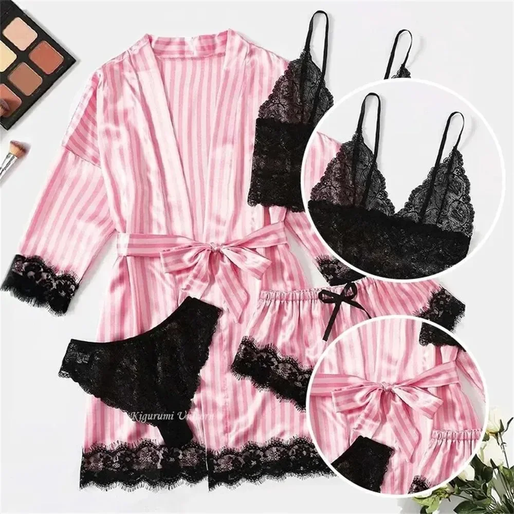 4Pcs Set Sexy Pajama Pants Home Clothes Women Summer Fashion and Soft Comfortable Nightwear Lace Satin with Silk Sleepwear Robe