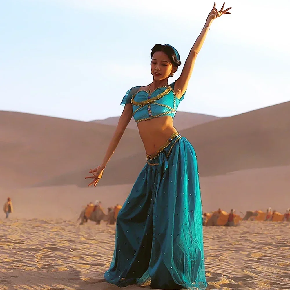 Festival di Halloween Arabo Cosplay Principessa Jasmine Costume Danza del ventre Indiano Bollywood Velo Top Pantaloni Accessori Set Festival