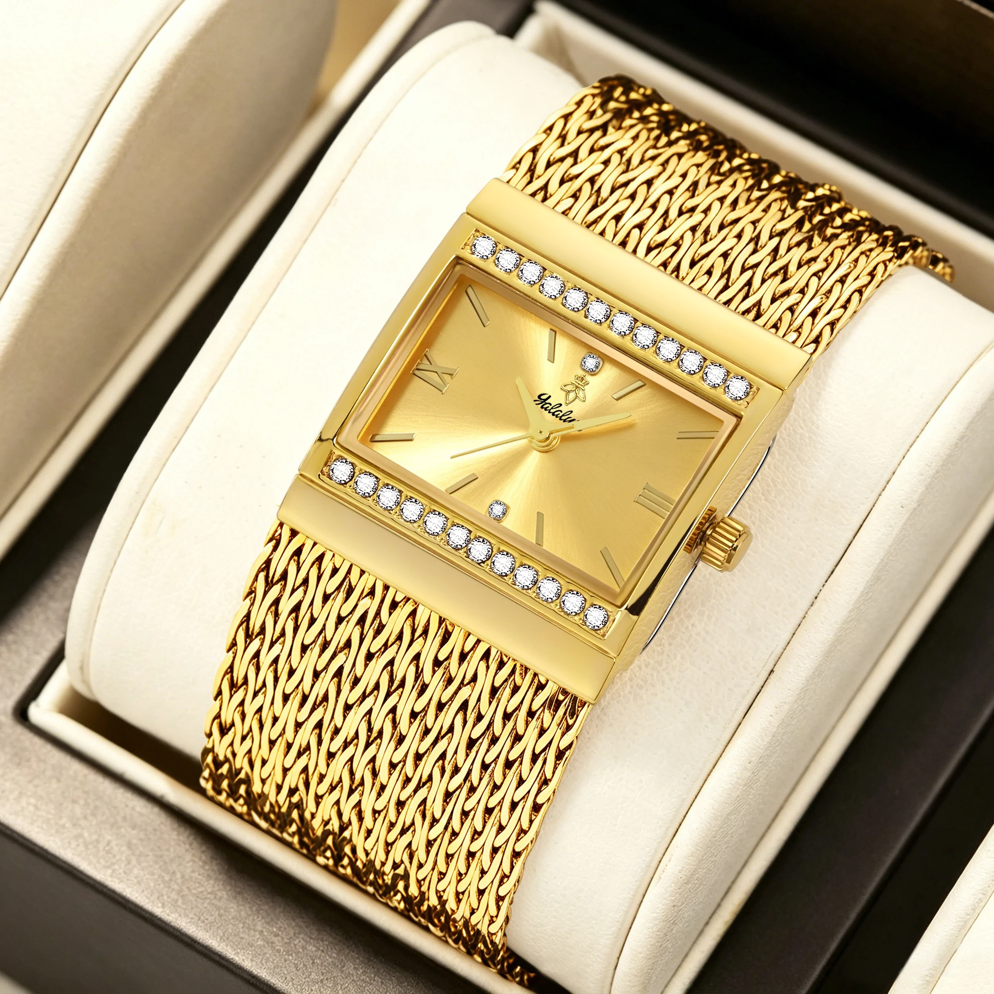YaLaLuSi Vintage-style Square Ladies’ Quartz Watch with Roman Numerals, Rhinestone Bezel and Wheat-pattern Strap