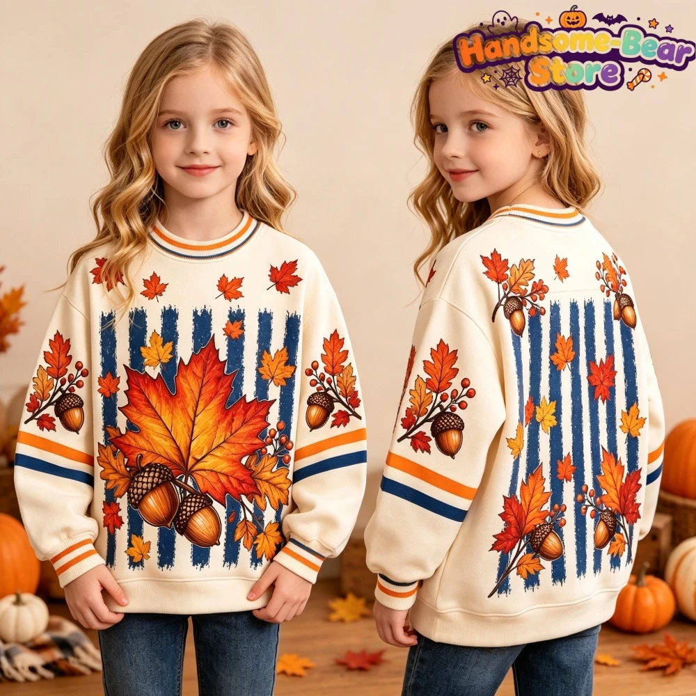 Halloween-Sweatshirts für Mädchen, Kürbis-Print, klassischer, lässiger Pullover, Kapuzenpullover, ideal für Urlaub und Ausflüge, langärmlige Kinderkleidung. – Detail 5