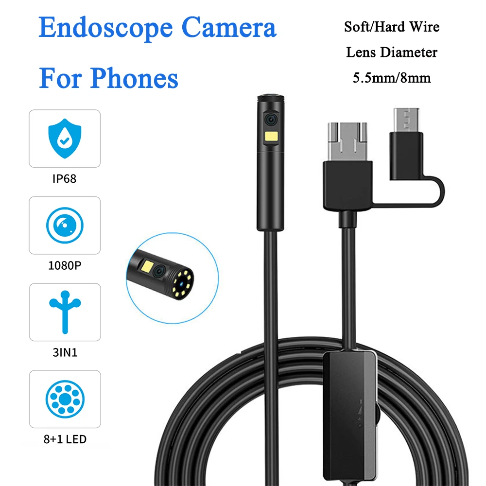 5.5/8mm USB/Type C Endoscope Camera Digital Video For Android IP68 HD Borescope Waterproof Inspection 9 LED Lights For Phones PC