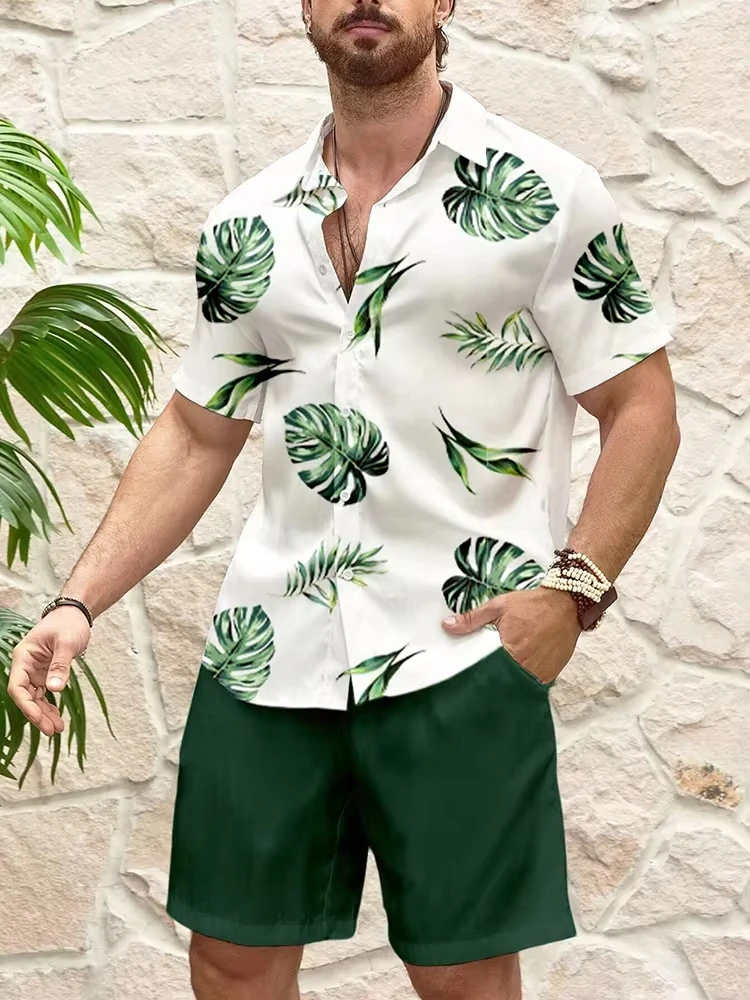 Hawaii Men's Short-sleeved Shirt +Beach Shorts 2pcs Set Outdoor Everyday Men Shorts Street Fashion Man Casual Vacation Suit