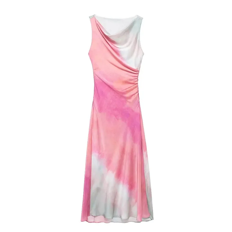 

SIYANG Woman Chic Sleeveless Hem Folds Dresses Evening Party Dress Summer Women Elegant Satin Tie Dye Print Slim Midi Dress