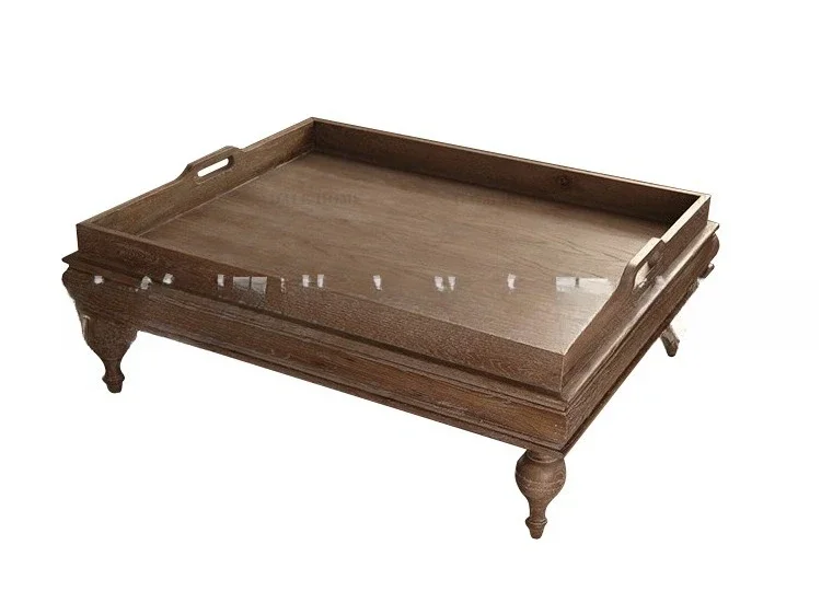 

French solid wood coffee table furniture, retro old oak in the living room, tray type rectangular coffee table