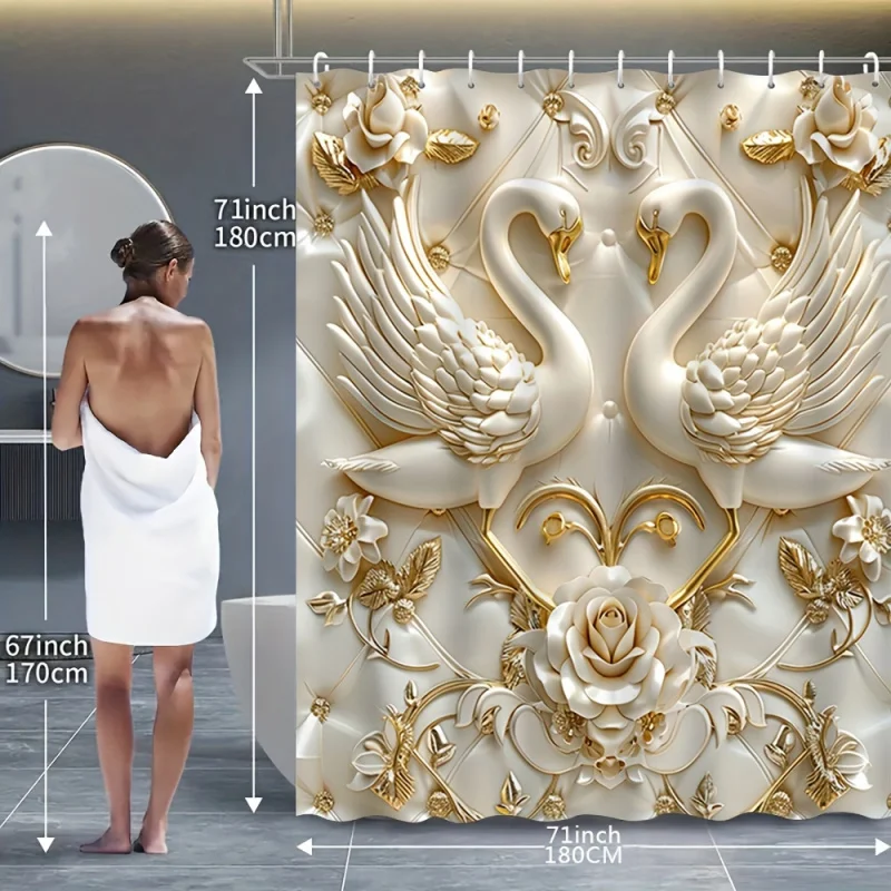 1/4pcs White Golden Swan Print , Decorative Bathroom Set Including Waterproof Shower Curtain, Non-slip Floor M