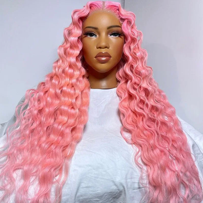 Pink Deep Wave Synthetic Lace Front Wig High Temperature Fiber  Lace Wigs for Women Long Hair Wavy Wigs Heat Resistant Cosplay