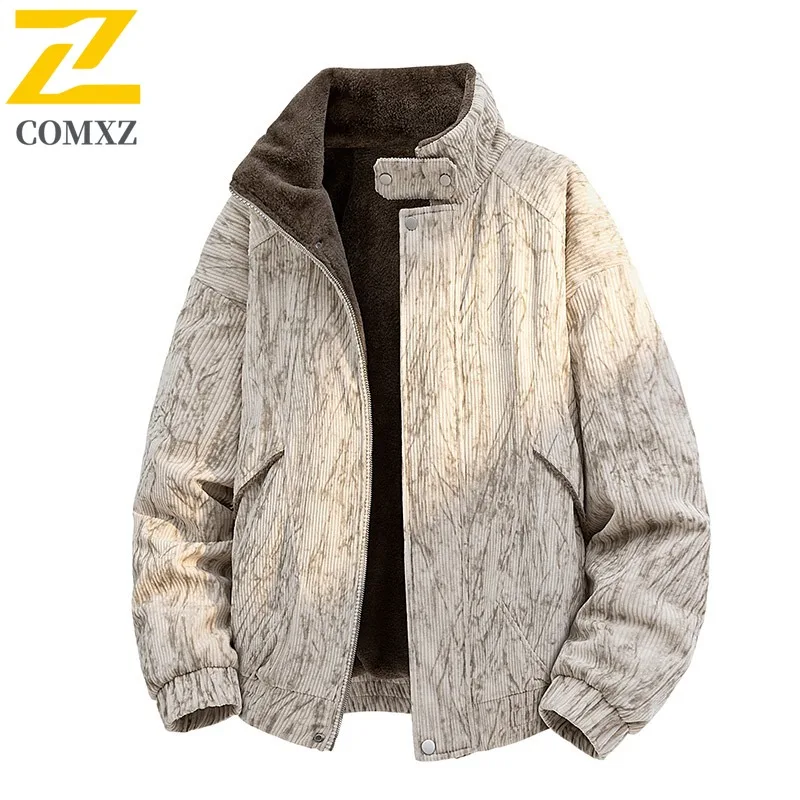 

COMXZ 2025, мужская зимняя вельветовая хлопковая куртка с воротником-стойкой, утолщенная повседневная куртка на плюшевой подкладке в минималистском корейском стиле, пальто