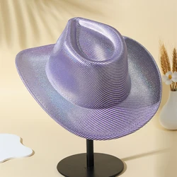 New Women Purple Cowboy Hat Western Fedora Hats Ladies Fashion Striped Cowgirls Hat Pink Party Jazz Hats Church Wedding Fedoras