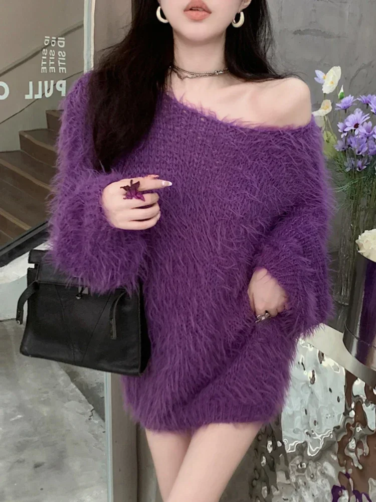 Ezgaga Sweater Women Off Shoulder Lantern Sleeve Slash Neck Knitted Tops Loose Furry Pullover Fashion Sexy Ladies Jumper