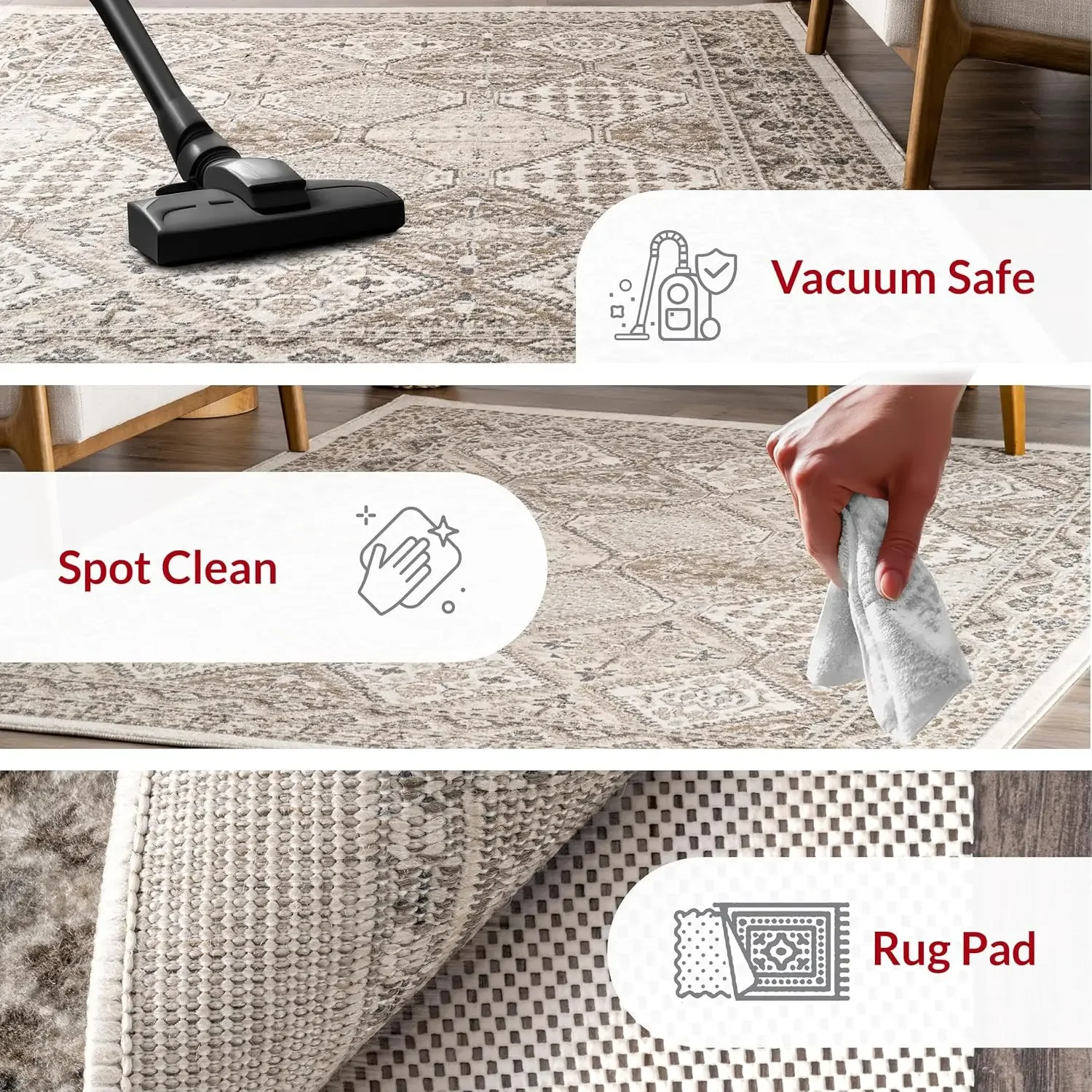 سجادة منطقة بلاط تقليدية مقاس 9 × 12 من بيكا، بيج، تصميم انتقالي باهت، مقاوم للبقع، لغرفة النوم، وغرفة الطعام، وغرفة المعيشة #3