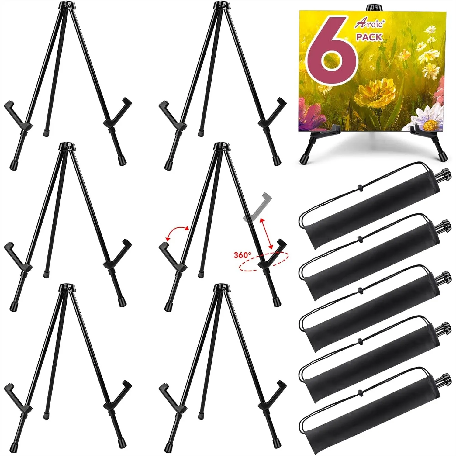 

6 Pack 14'' Tabletop Easels for Display, Adjustable Black Steel Easel with Bags for Paintings, Signs, Posters