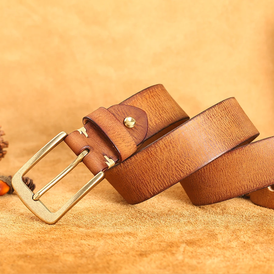 Ceinture en cuir véritable hommes à la main Vintage boucle en cuivre hommes ceintures haut tendance qualité peau de vache mâle sangle pour jean