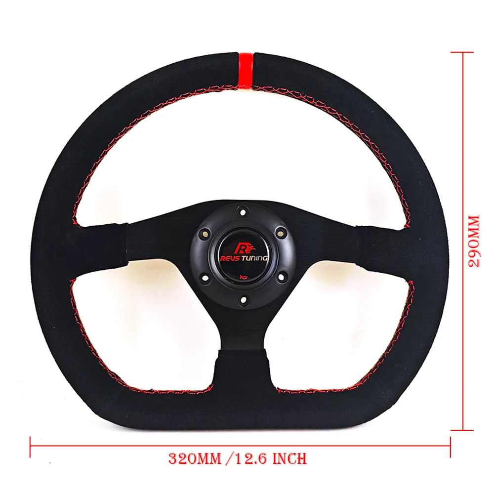 32CM 12.6inch D Shape Suede Leather Red Stitch Sport Racing Race Rally Car Truck Karting Game Simulator Steering Wheel 70mm-PCD