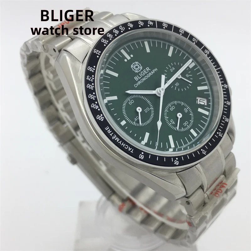 BLIGER Moda 40mm cronógrafo de quartzo Negócios Sapphire Cristal Relógio Masculino VK63 Movimento Data pulseira de aço mostrador luminoso