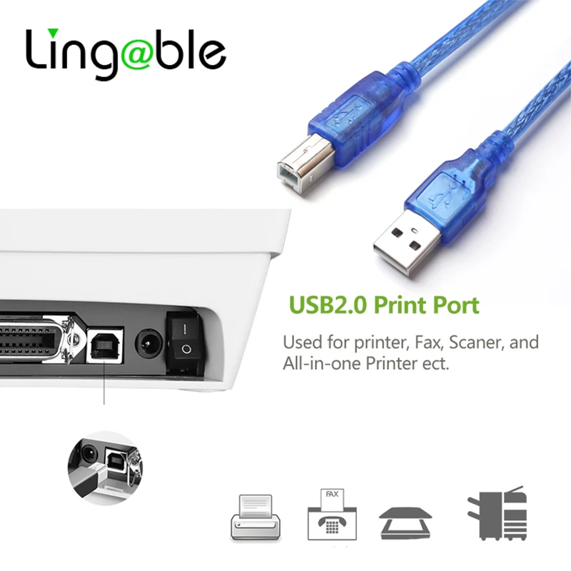 Lingable USB 2.0 AM to BM Print Cable 1.5M Copper Transparent Blue Wholesale USB Cable for Printer Scanner