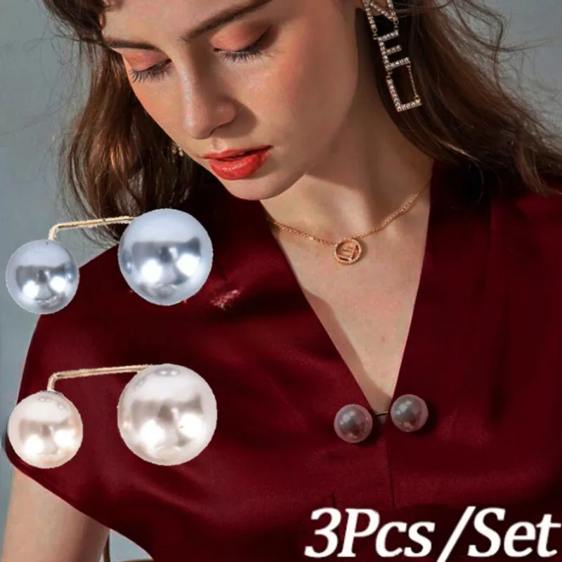 3pcs Double Pearl Brooch Pins Lady Non-slip Fixed Safety Clasps Adjust Collar Jeans Waist Button Clips Dress Decoration Jewelry