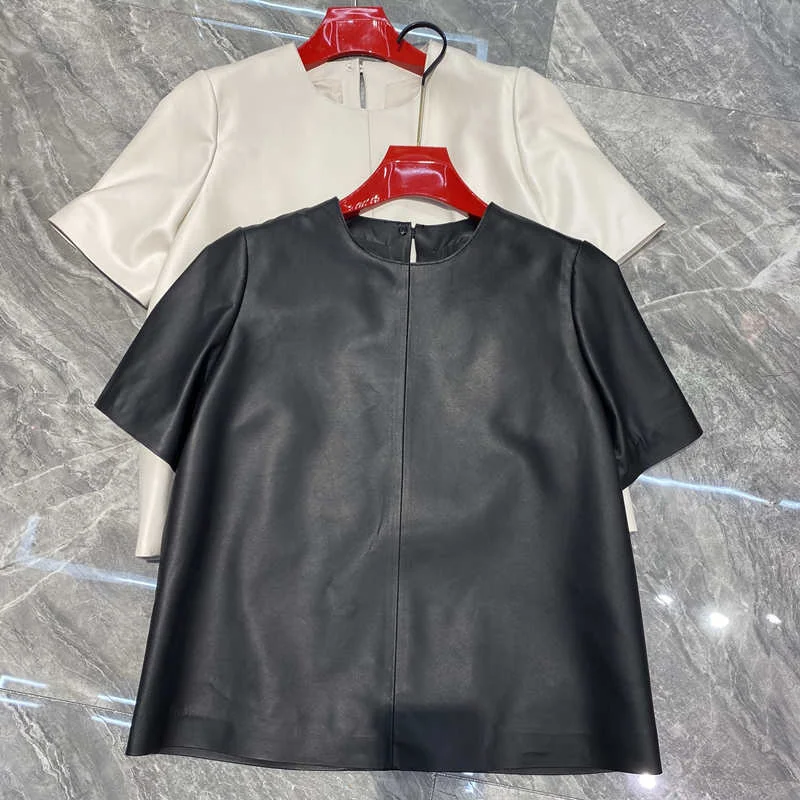 

Genuine leather coat spring new women's short high grade black sheepskin short-sleeved top temperament reducing age