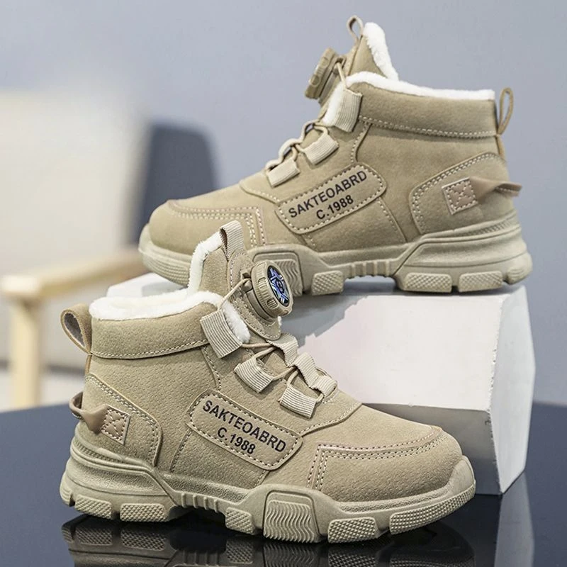 

Зимние теплые ботинки для мальчиков, 2026, детская повседневная обувь на флисовой подкладке, спортивный стиль, нескользящие уличные ботильоны с регулируемым ремешком