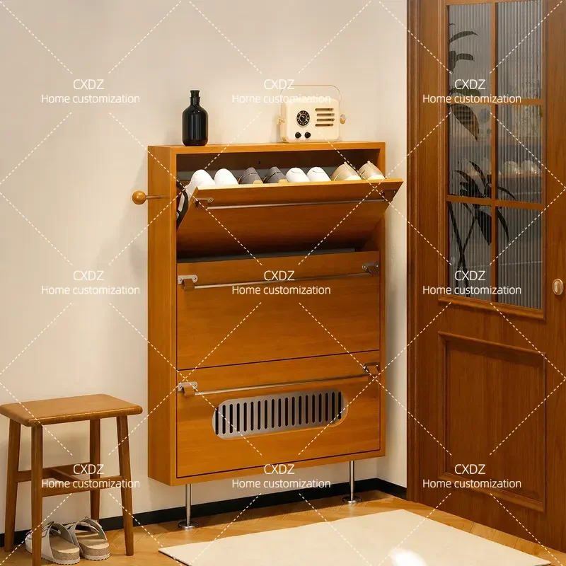 Solid Wood Ultra Thin Shoe Cabinet Small Apartment Entrance Narrow Multi Functional Storage Medium Ancient Style Floor