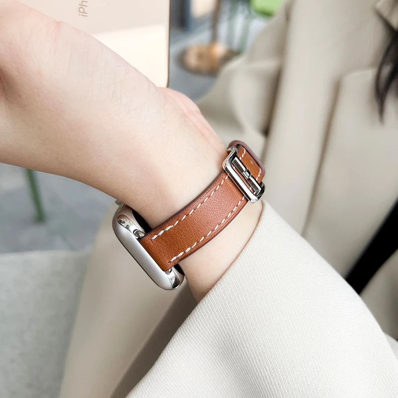 JINCOR Strap For Apple Watch Ultra 2 Double Bezel Leather Band Series 10 9 8 7 SE Pin Buckle Iwatch 40MM 44MM 45mm 49MM Luxury