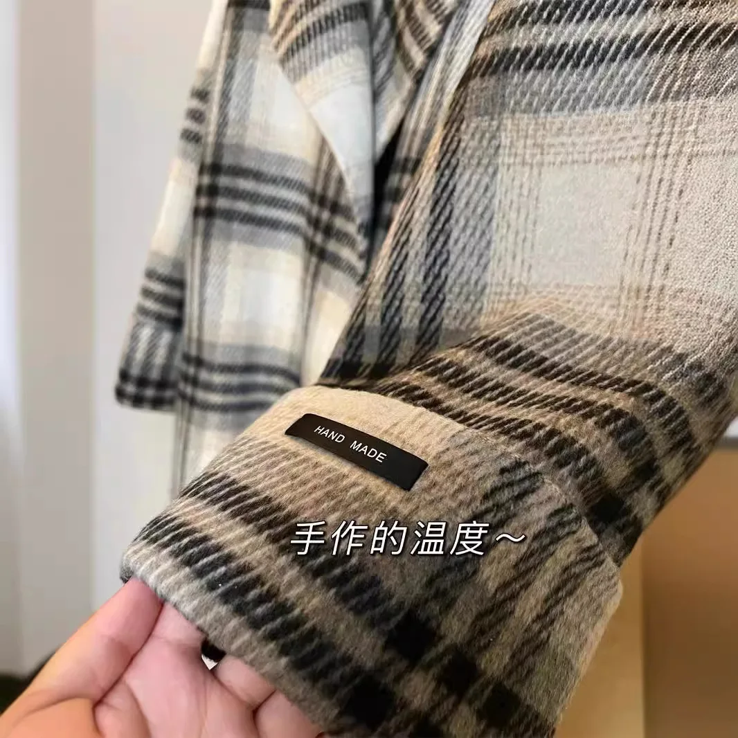 High-end wool camel wool plaid plaid double-sided woolen small man cloak thickened coat coat women