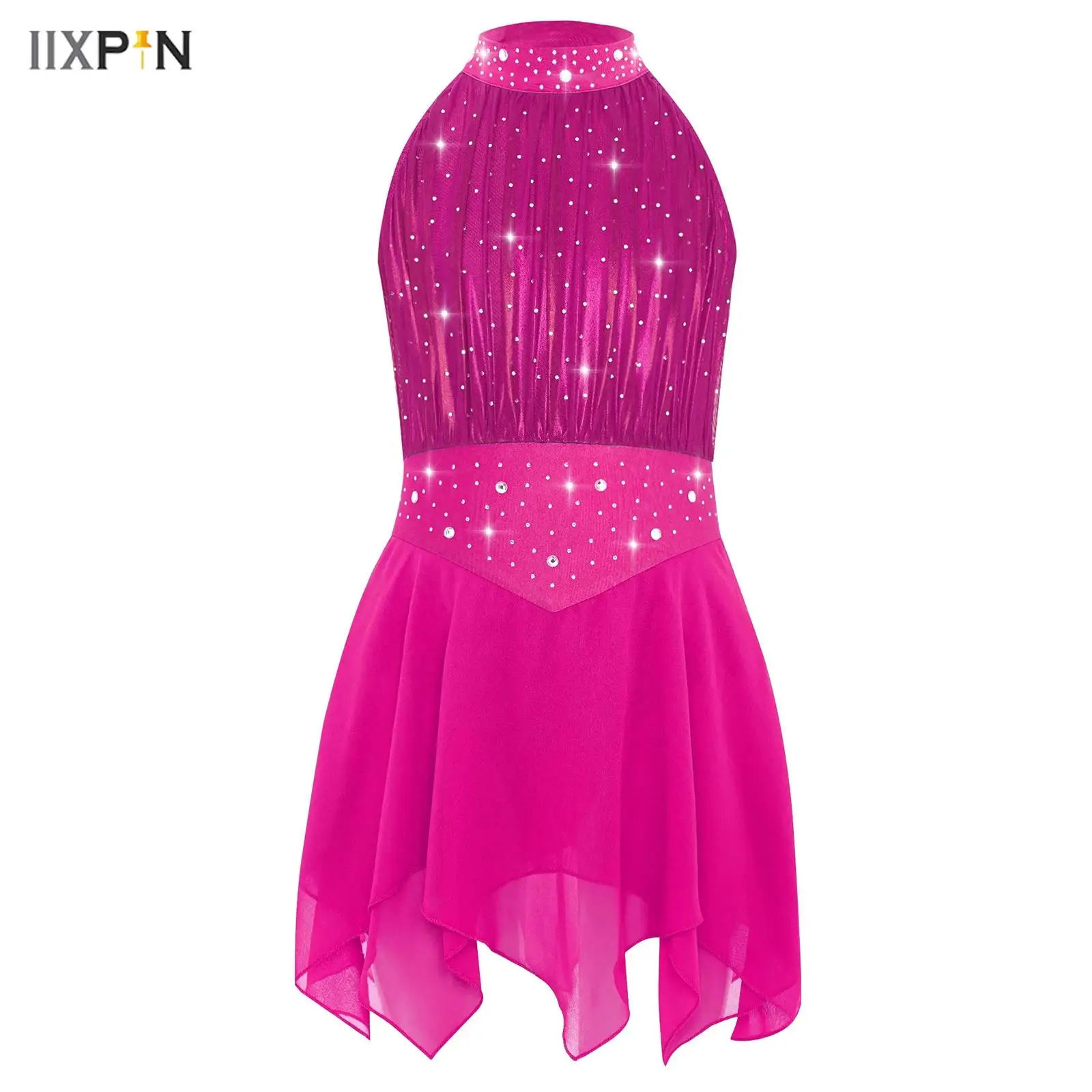 

Kids Girls Contemporary Lyrical Dance Dress Chiffon Sleeveless Shiny Rhinestones Metallic Mesh Irregular Dress Ballet Dancewear