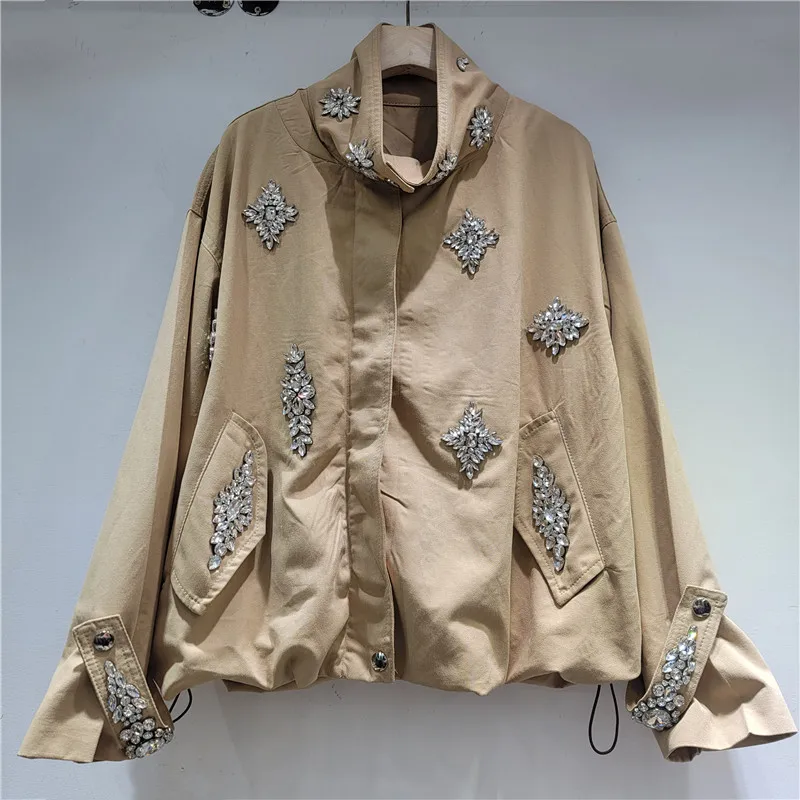 

2026 Spring New Style Casual Loose Stand-Collar Long-Sleeve Diamond-Embellished Short Jacket for Women