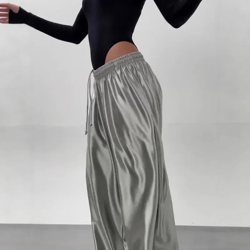 

Satin Wide Leg Pants Women Long Draped Casual Comfortable Silver Elastic Waist Palazzo Trousers Office Travel Everyday Size S
