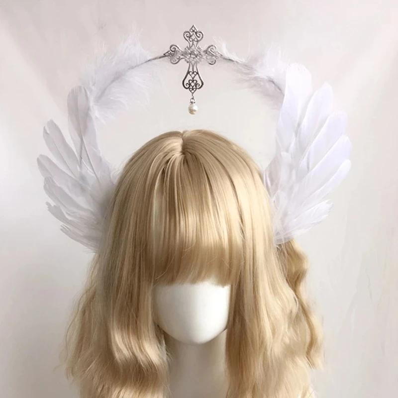 Gothic Lolita Feather Wings Goddess Church Pope Golden Hair Ornament Devil Gorgeous Vintage Virgin Mary Tiara Headwear image 2