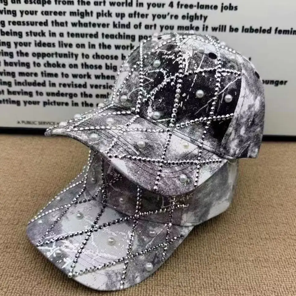 Unisex retro versatile tie-dye quilted rhinestone Imitation pearl baseball cap Sun Hat