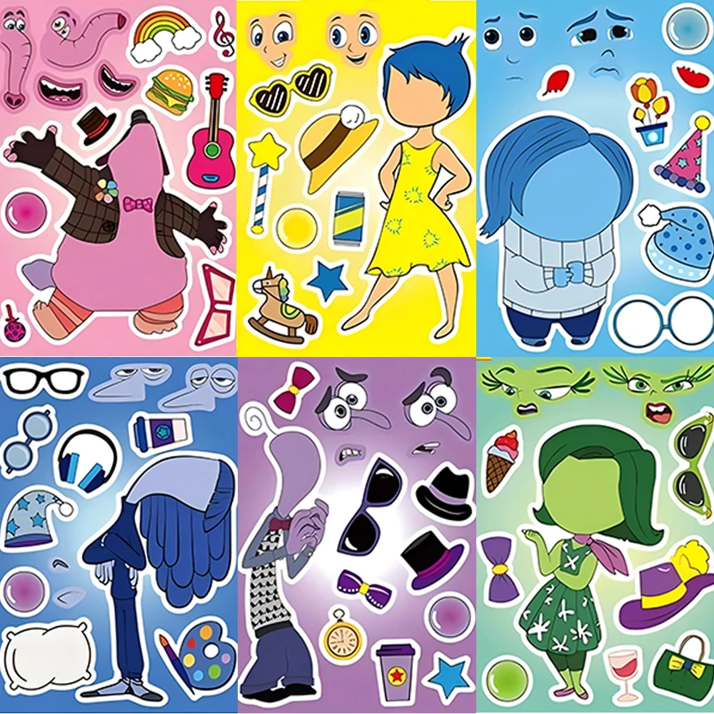 8/16Sheets Cute Disney Inside Out Anime Puzzle Stickers Cartoon Make-a-Face Assemble Decal Jigsaw Funny Children Toys Gifts