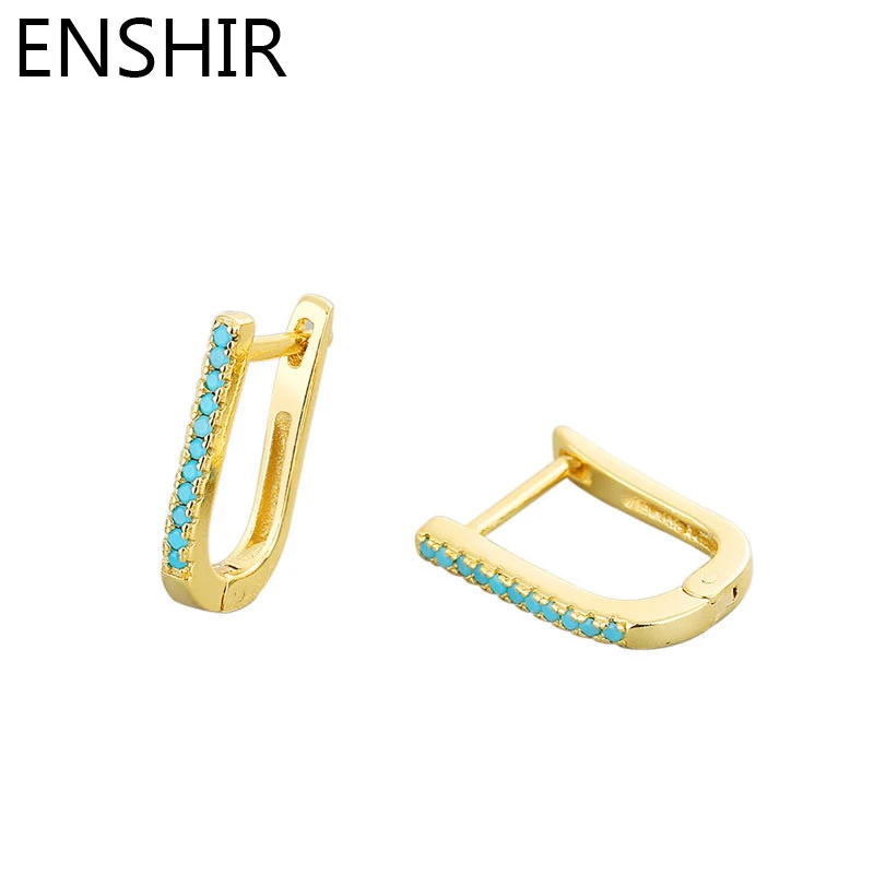 ENSHIR Blue Zircon U Shape Hoop Earrings for Women Simple Entry Luxury Earring Party Jewelry Gifts aretes Wholesale