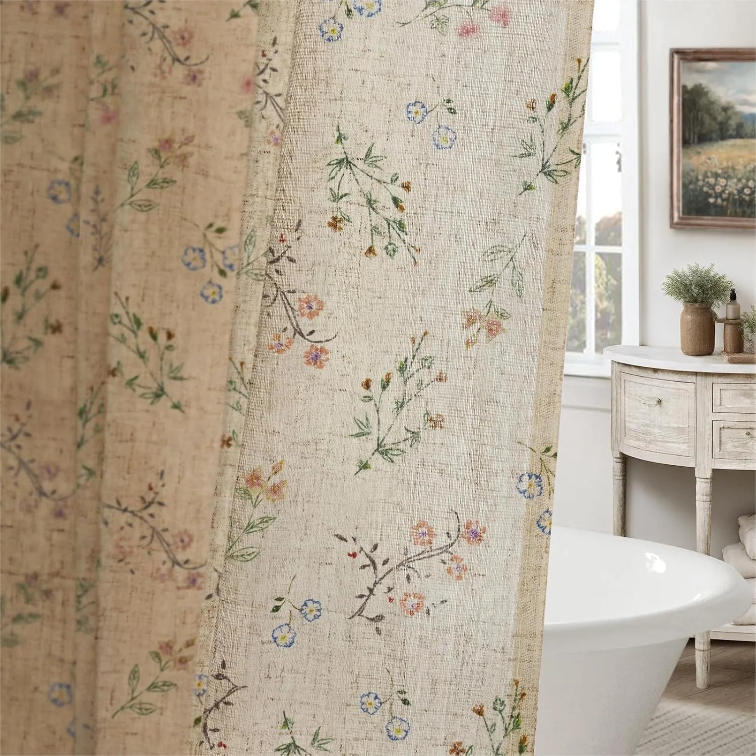 

Floral Farmhouse Linen Shower Curtain, French Country Spring Bathroom Decor, 72x72