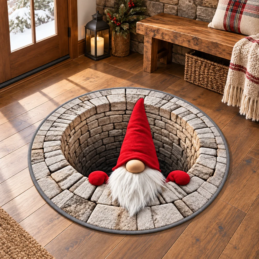 Christmas Gnome Stone Well Round Area Rug, 3D Optical Illusion Floor Mat For Entryway, Living Room, Cabin Decor And Gifts