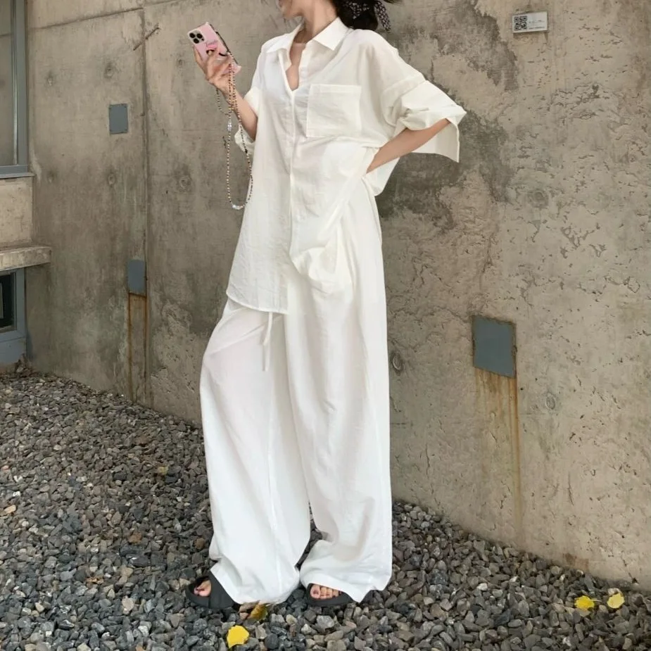 

Trousers Suit Women Two-piece Set Y2k Street Wear Polo Collar Long Sleeve Shirt Wide-leg Trousers High Waist Casual Elegant Work
