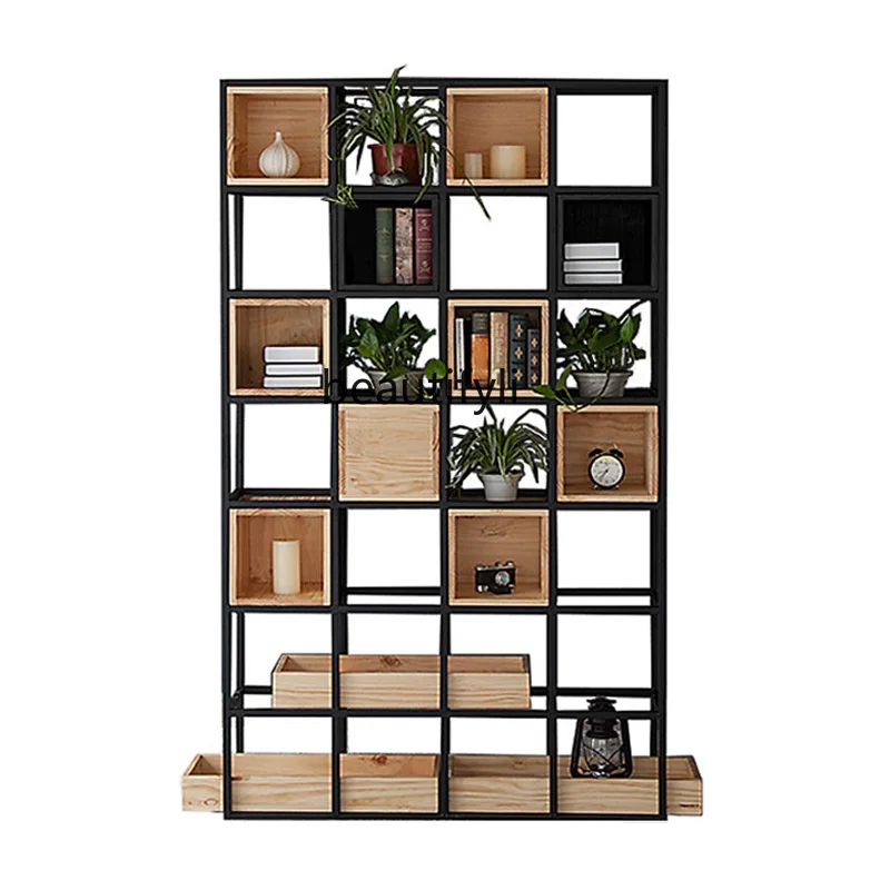 Display Stand Restaurant Industrial Style Iron Partition Screens Entrance Rack Creative Solid Wood Bookshelf