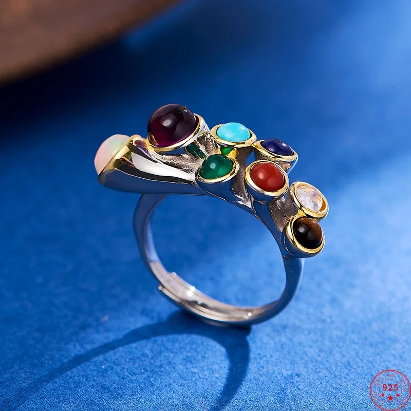 S925 Sterling Silver Rings for Women Colored Gemstone Gilded Geometric Pattern Classic Fashion Jewelry Wholesale