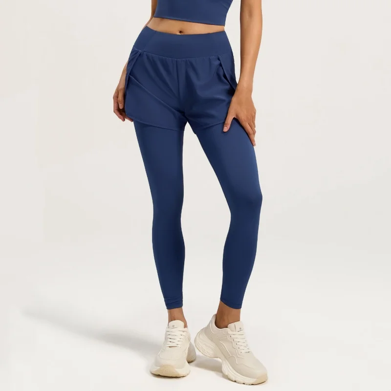 Fake Two-piece Sport Leggings for Women 2-in-1 High Waist Seamless Pocket Yoga Pants Trainning Booty Lift Workout Elastic Tights