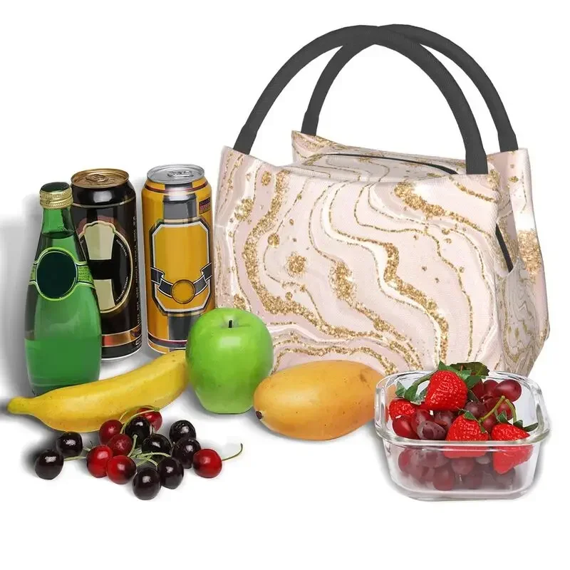 Gold And Cream Marble Pattern Thermal Insulated Lunch Bags Women Geometric Print Portable Lunch Tote Multifunction Meal Food Box