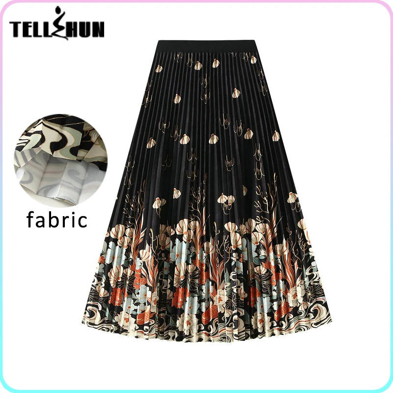 

New in Spring clothes for women Midi pleated stylish long Printed Skirt high waist Vintage Elegant A-line dress Streetwear traff