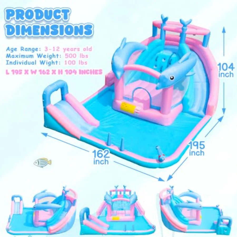 Backyard inflatable water slide for kids 3-12, PVC vinyl, blue and yellow, triple-slide with splash pool and bouncy castle, inc