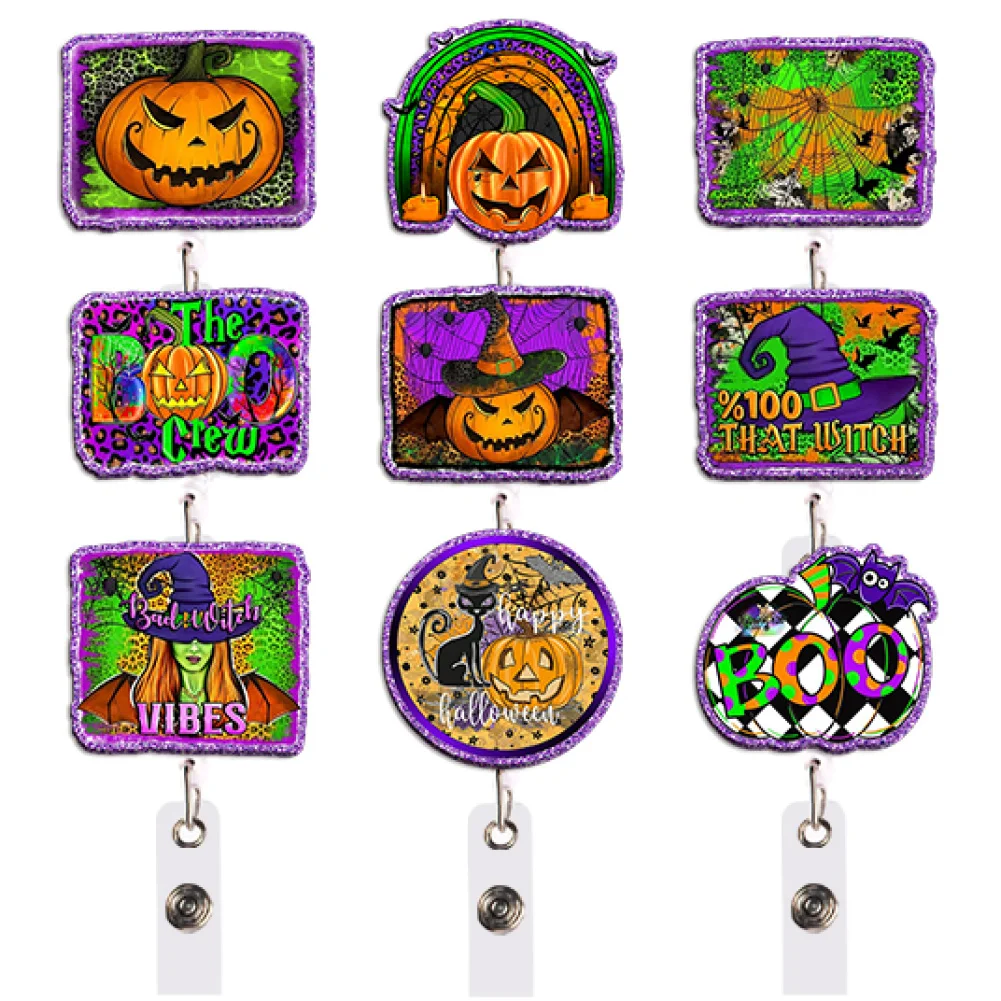 Kawaii Halloween Badge Reel Retractable ID Holder Pumpkin Witch Hat Skull Purple Green Gift for Teacher Office Work Party Crew