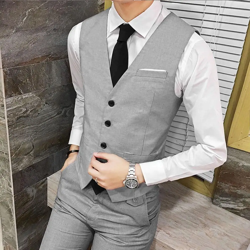 Men Formal Waistcoat V-Neck Sleeveless Single-breasted Waistcoat Slim Fit Formal Suit Vest Solid Color Groomsman Vest Workwear