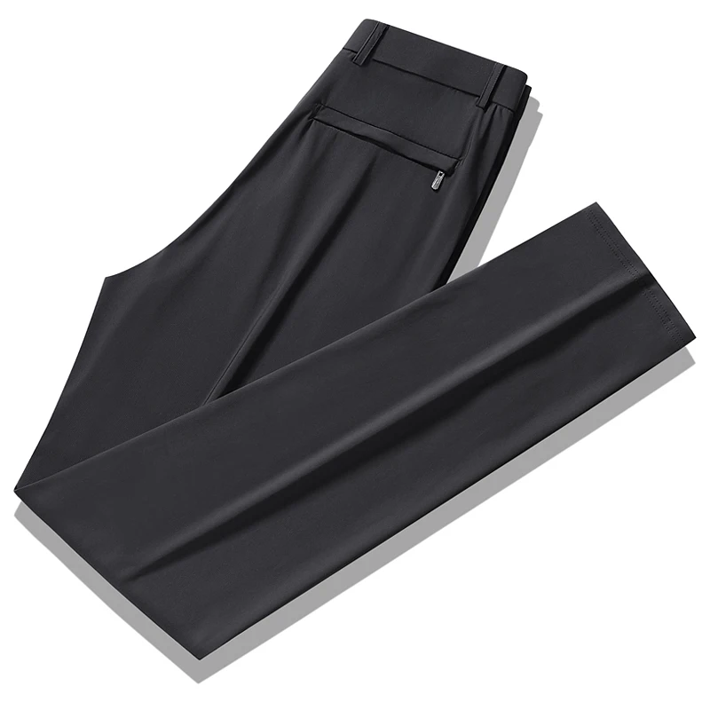 2024 minimalist new summer solid color Ice Silk fabric men's pocket zipper fashion versatile business casual straight Suit Pants