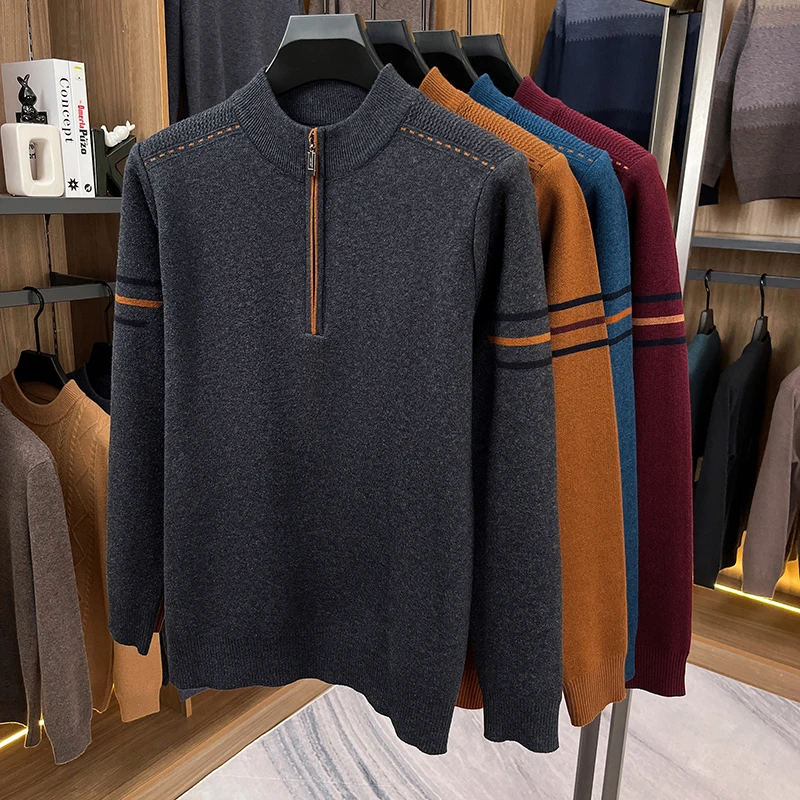 เสื้อสเวตเตอร์ไหมพรมคอตั้งแบบหนา อุ่นสบาย สไตล์ใหม่ ฤดูใบไม้ร่วงและฤดูหนาว ปี 2025 เสื้อสเวตเตอร์ผู้ชายแบบซิปครึ่งตัว เสื้อซับในผู้ชาย