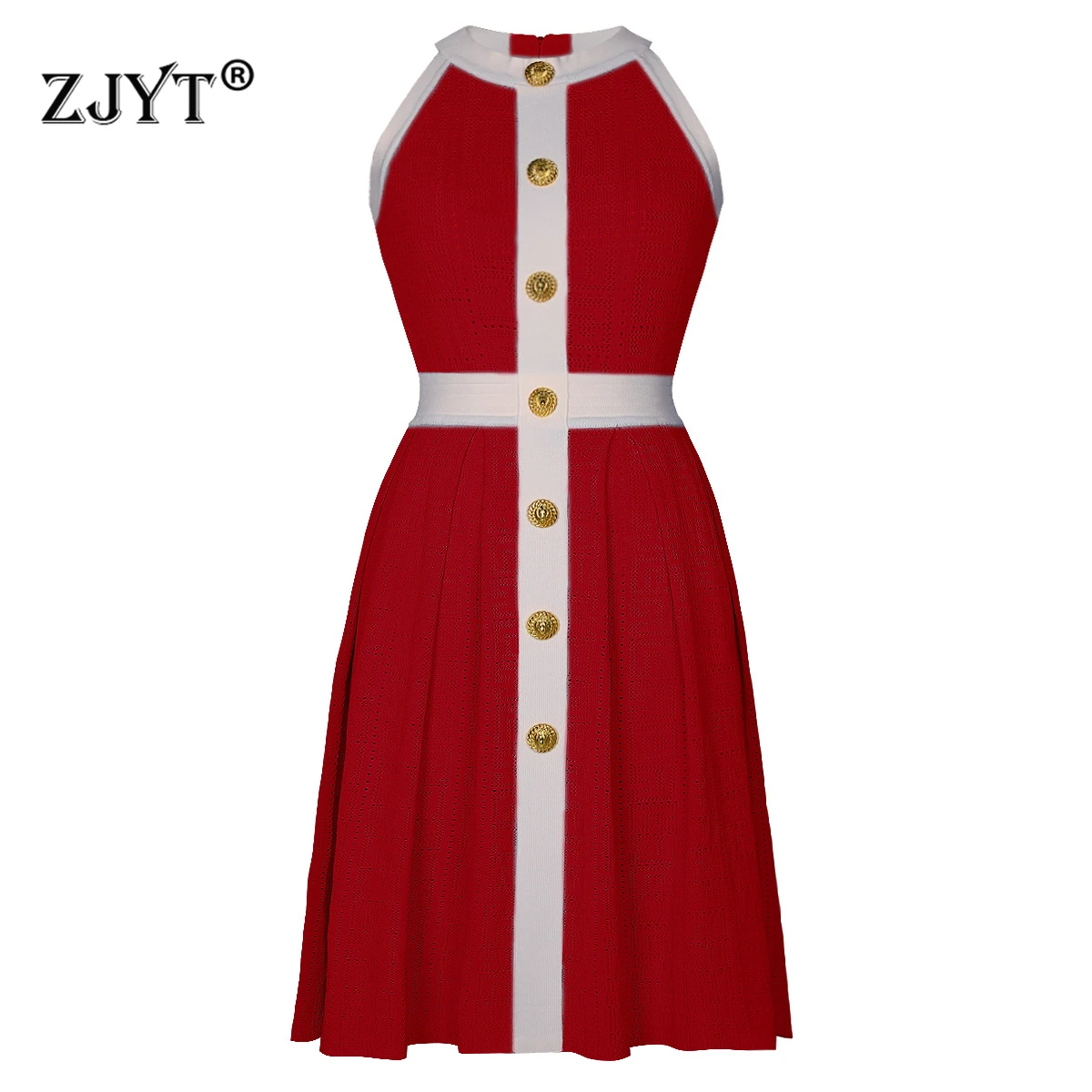 ZJYT Elegant Halter Neck Knitted Sweater Dresses for Women Spring Summer Sleeveless Color Block Short Party Dress Red Blue Robe